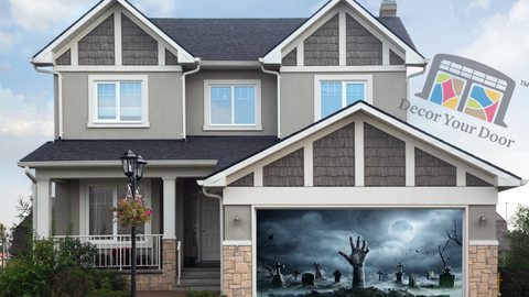 Zombie Hand Rising Out Of A Graveyard In Spooky Night Garage Door Cover Wrap Banner Backdrop