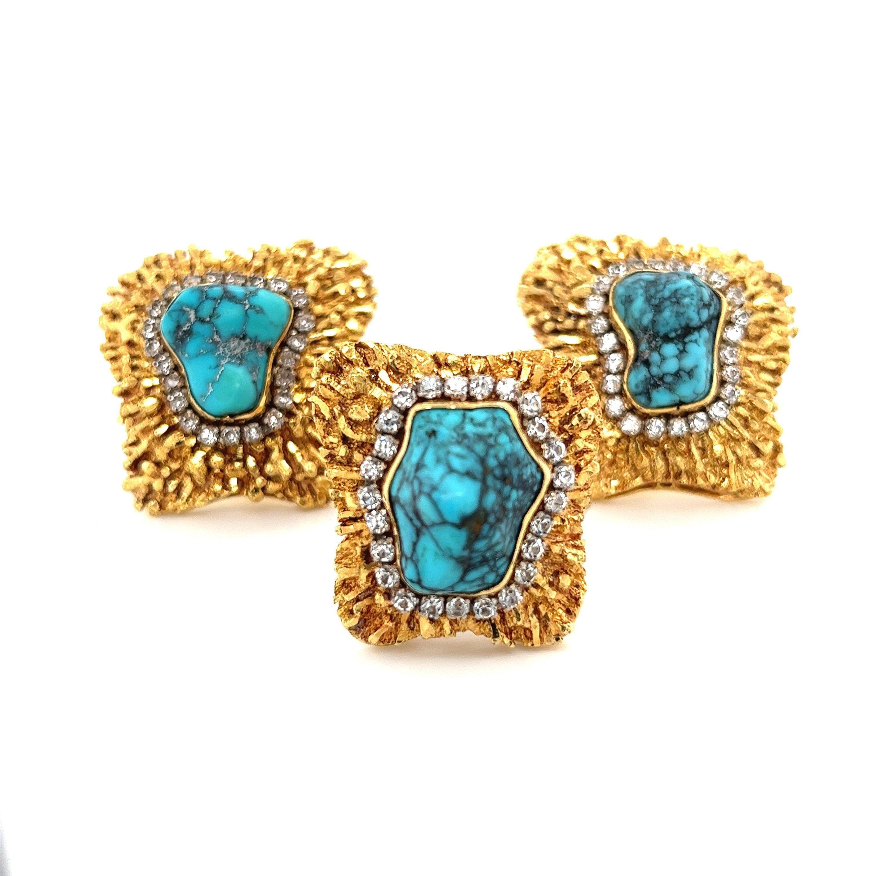 image of Vintage Raw Turquoise and Diamond Ring and Earring Set in 18k Gold