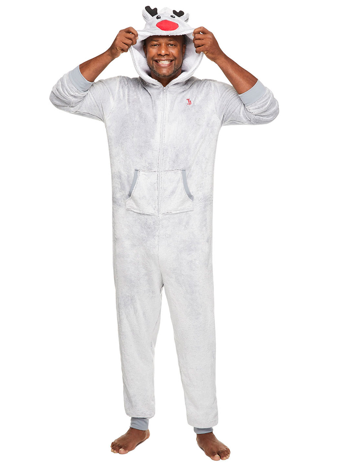 Fun Man wearing Grey Reindeer Sleepwear Onesie