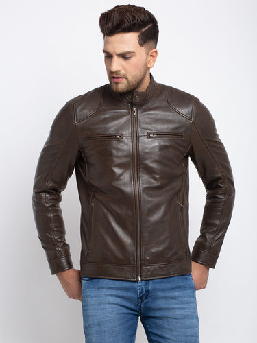 Mens Ollie Brown Racer Leather Jacket - NYC Leather Jackets