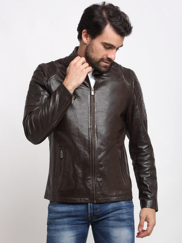 Buy Teakwood Men Black Solid Lightweight Genuine Leather Jacket online