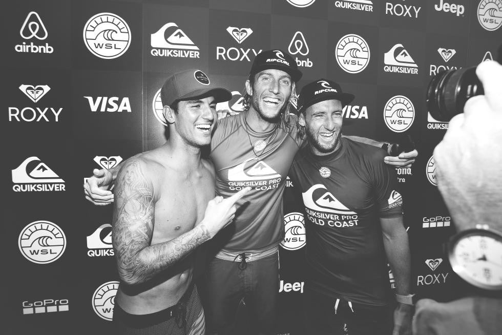 L-R Gabriel Medina, Owen Wright, Matt 'Wilko' Wilkinson at the Quiksilver Pro Gold Coast 2017