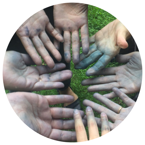 hands dyed blue from indigo in a circle