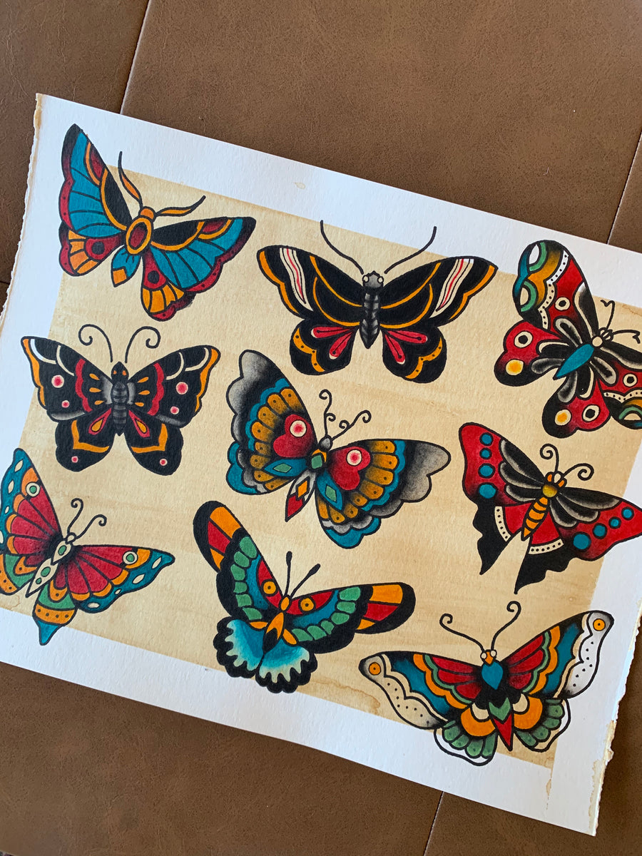 American Traditional Butterfly Flash Sheet – Random Hero Tattoo