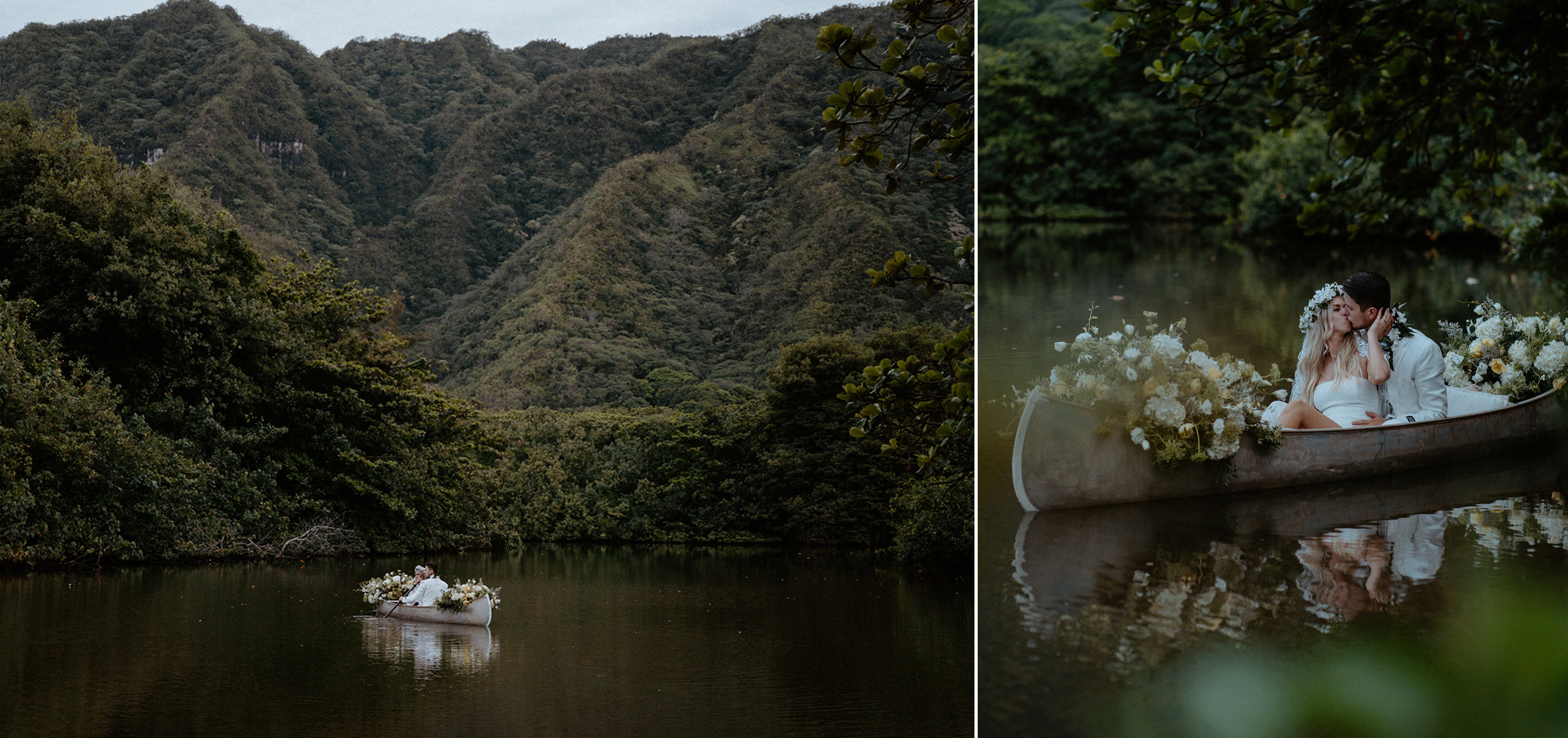 bride and groom eloping in a flowered canoe in a valley
