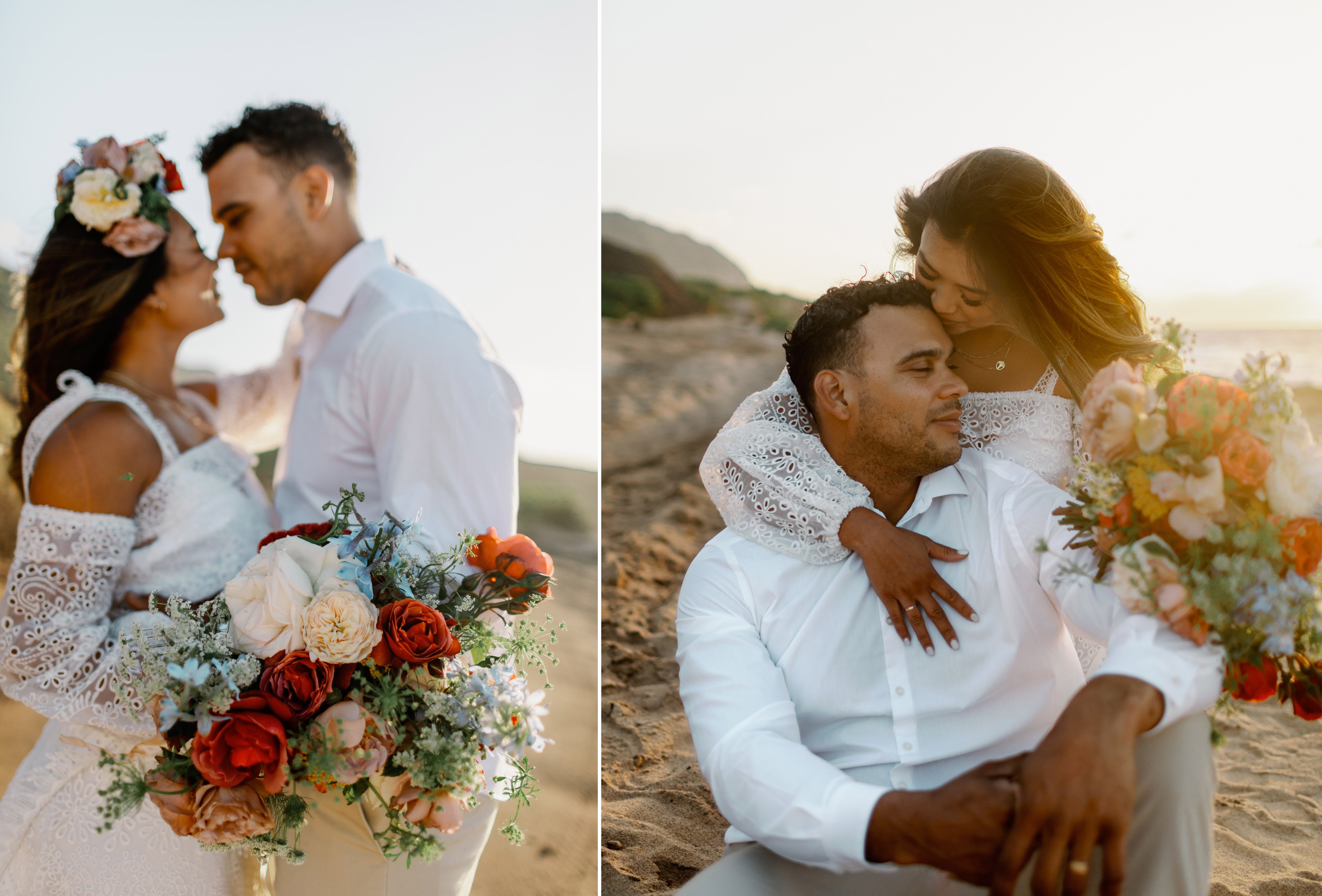 Couple's engagement session during sunset at the beach with florals designed by SF.Fleur
