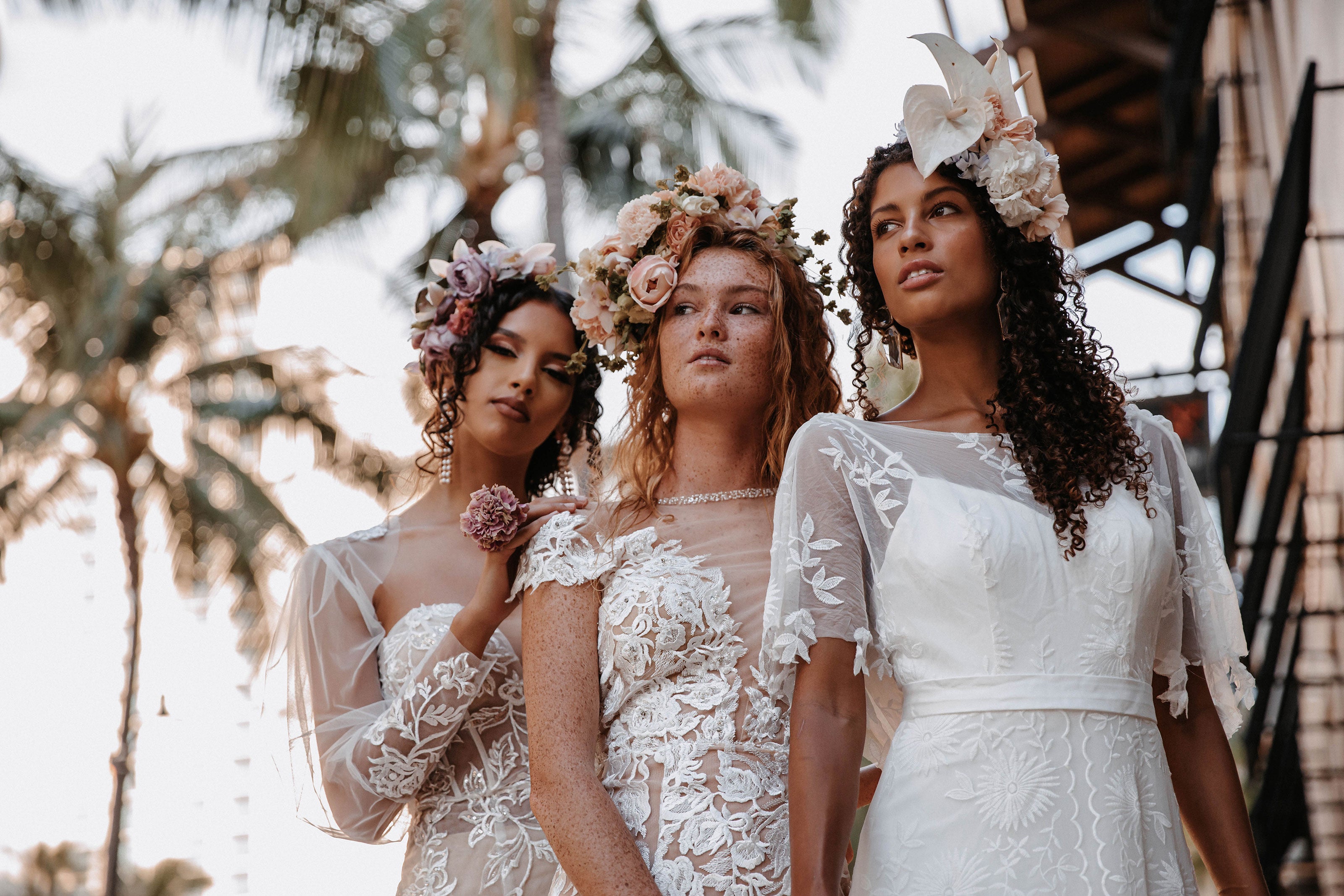Brides in Waikiki wearing floral headpieces