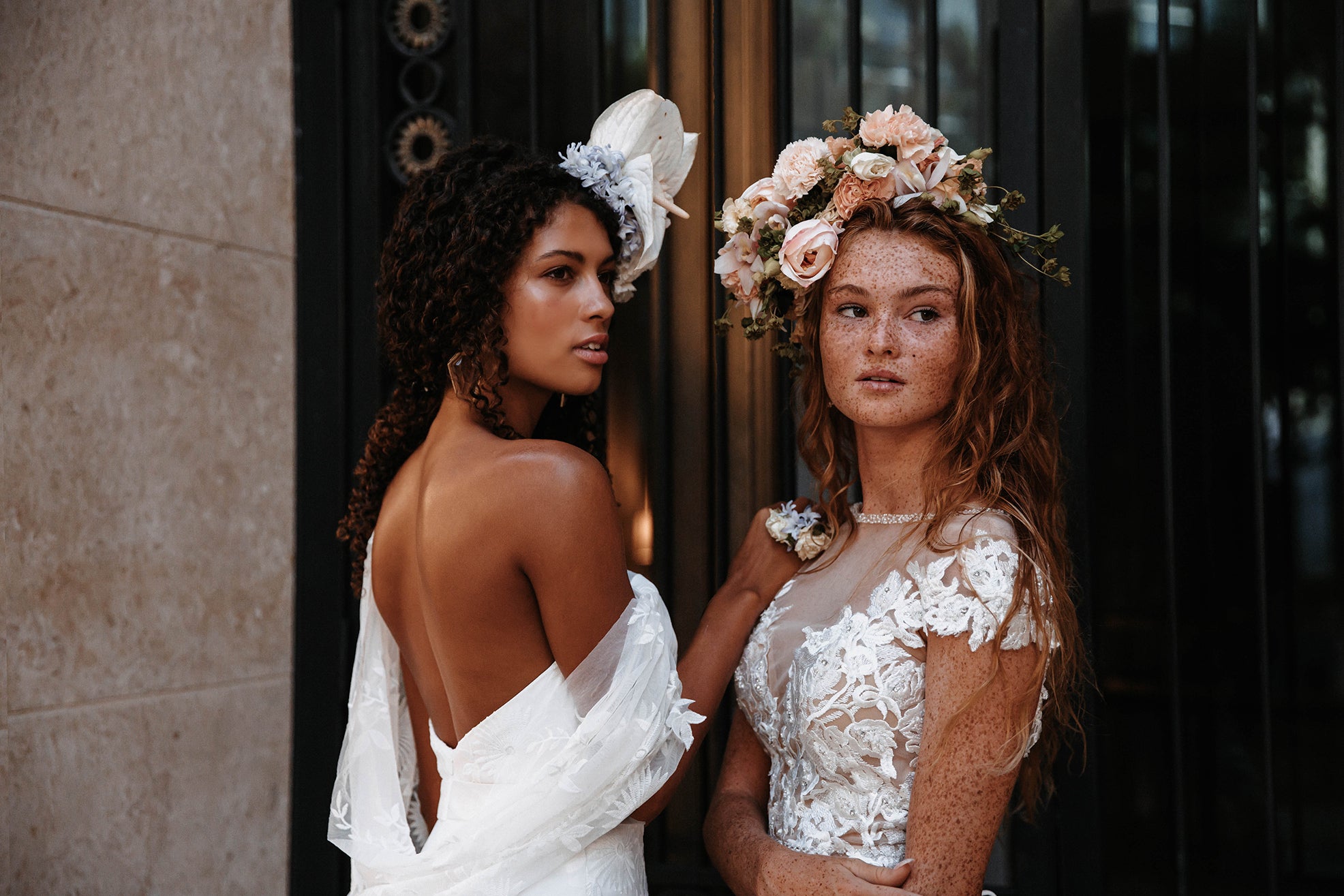 Brides wearing flower crowns in Waikiki, HI