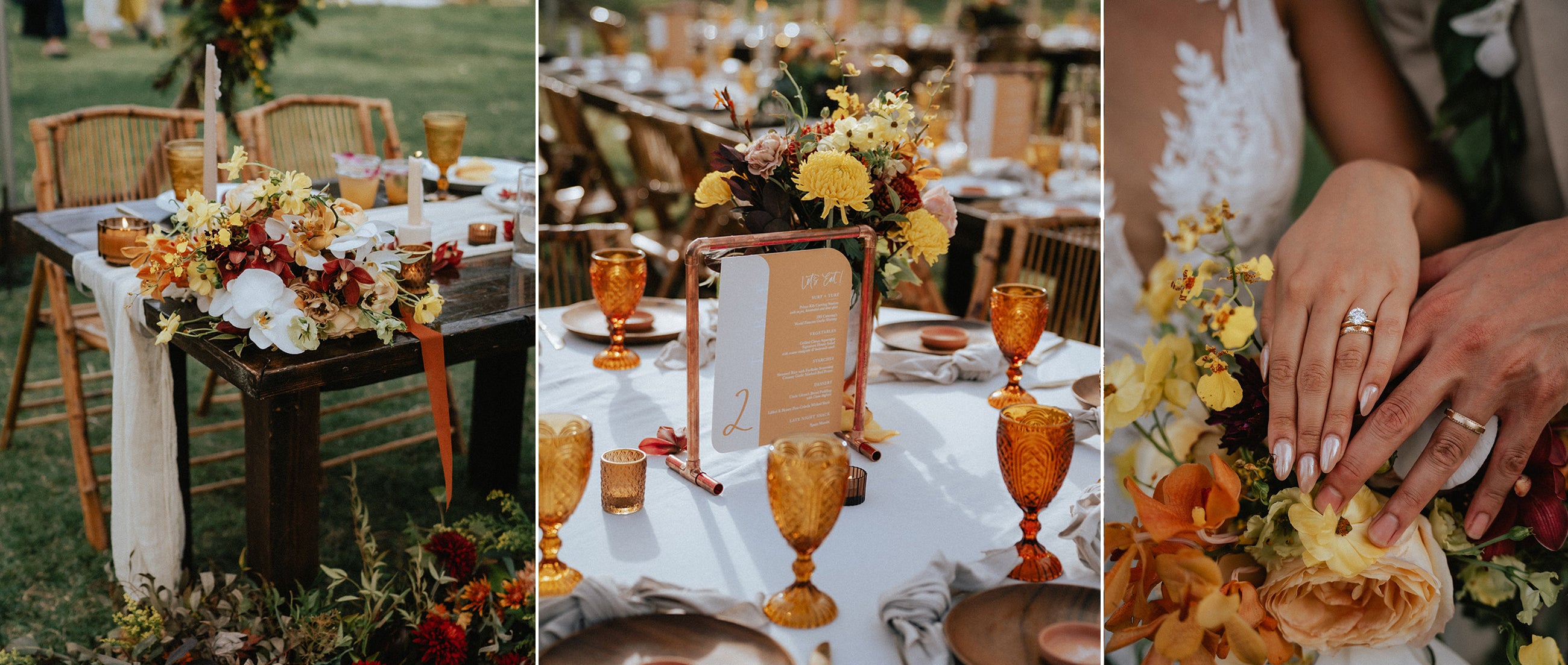 Rust-colored stropical reception florals in Hawaii