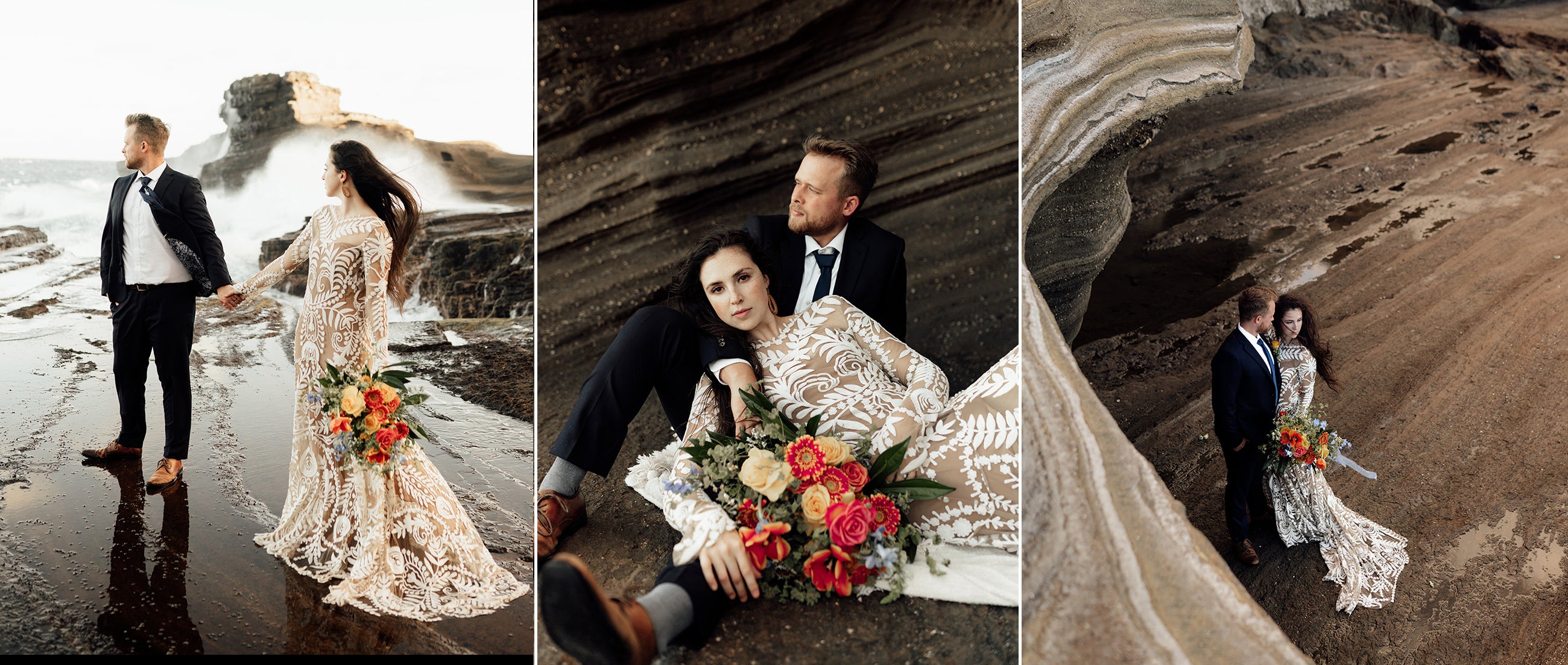 Montage of portraits of a couple with a a bouquet of florals walking along the coast of Hawaii