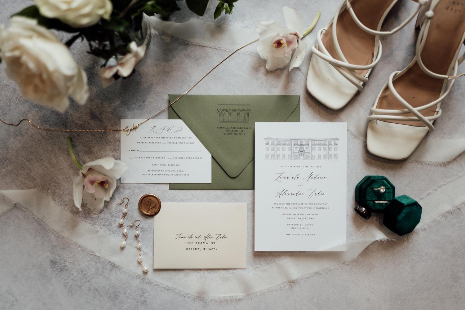 Layflat of wedding invitations and accessories