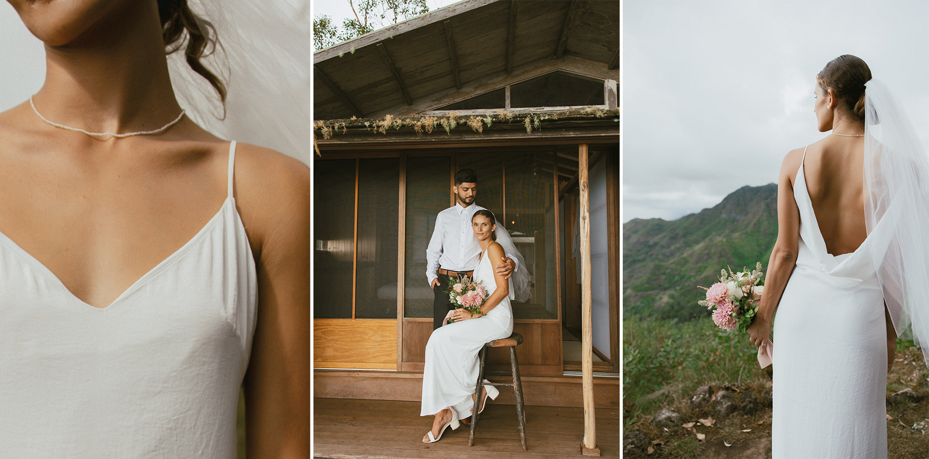 Bride and groom portrait in front of cabin and overlooking mountains on Oahu