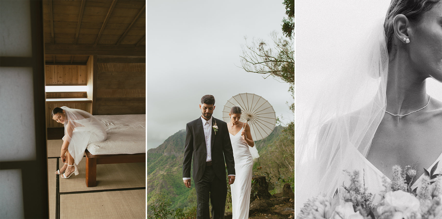 Montage of bride getting ready in cabin and bride and groom walking in mountains on Oahu