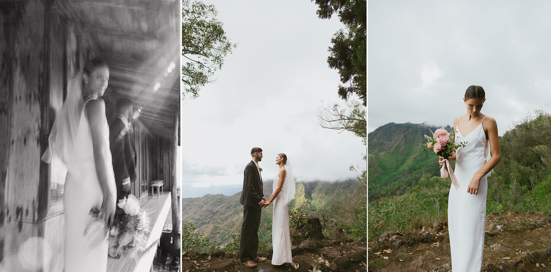 Montage of bride and groom up overlooking mountain ridge on Oahu
