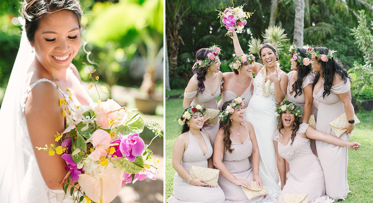 Bride and bridesmaids  holding a bouquet and wearing flower crowns at Lou Lou Palm Estate, HI