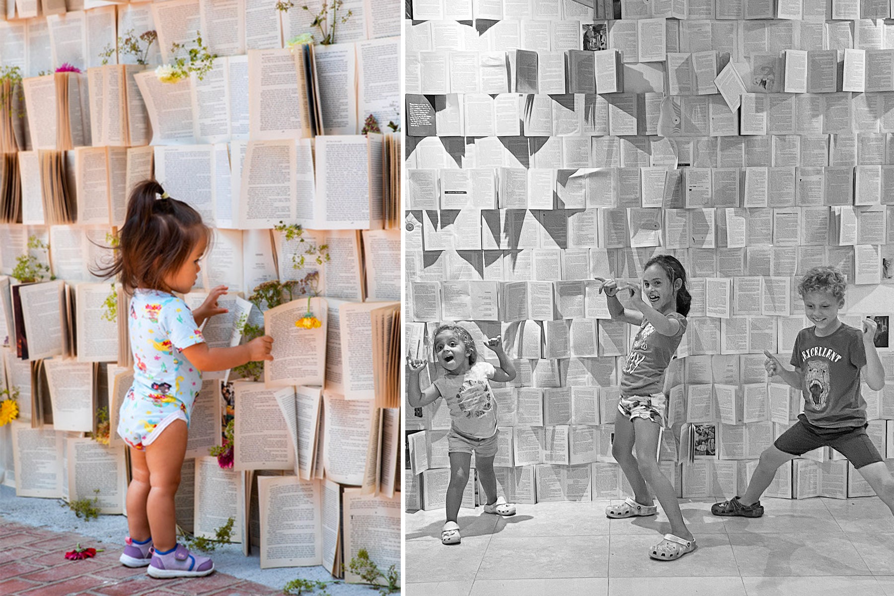 Children standing in front of a floral book wall