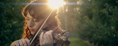 Photo of  female violinist playing in between a line of trees with the sun behind her.