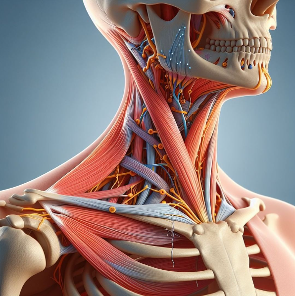 An anatomical illustration showing the muscles, veins, and nerves of the human neck and upper chest.