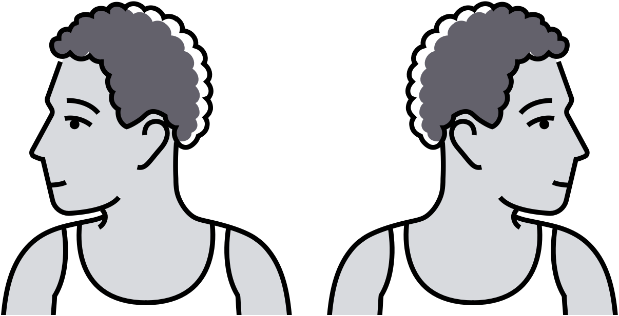 Two stylized profile views of a person with curly hair, one facing left and the other facing right.