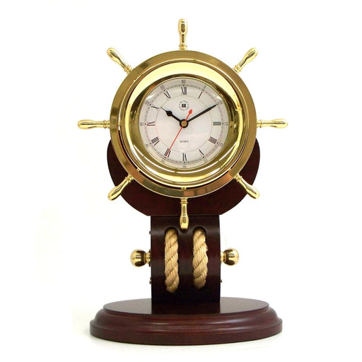 NAUTICAL, OAK SHIP'S WHEEL, WITH BRASS CLOCK