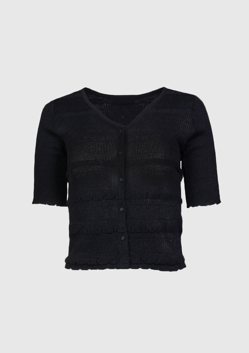 3D Knit V-Neck Short Sleeve Pullover in Black