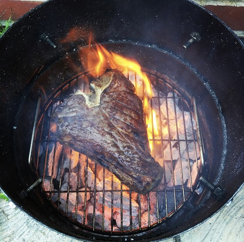 T bone steak grilled on the Beardsmoke mini-un smoker