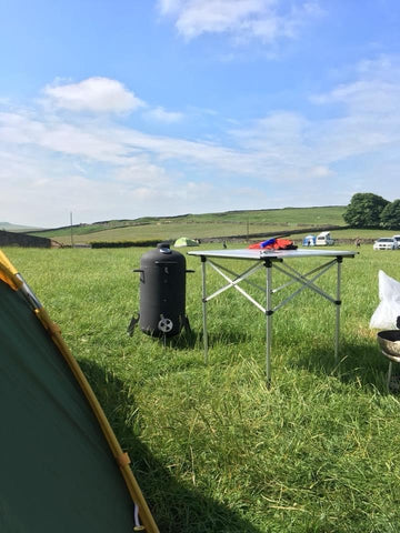 The beardsmoke mk1 smoker on a campsite