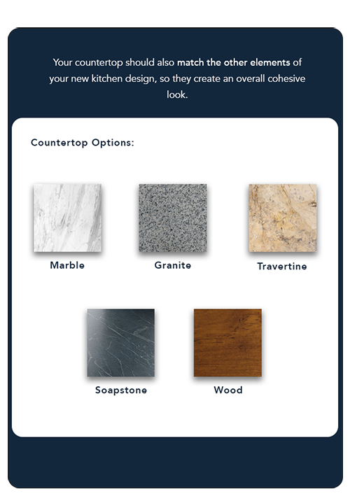 Countertop Options - Marble, Granite, Travertine, Soapstone, and Wood