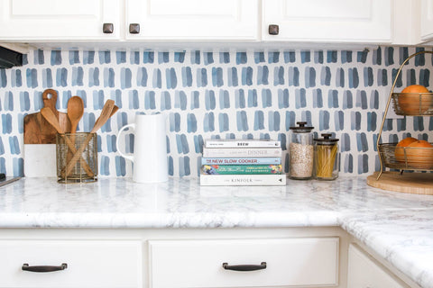 blue wallpaper backsplash