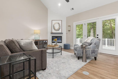 wide shot of living room with coastal vibe