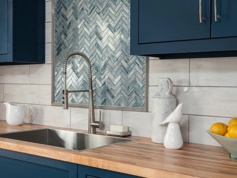 glass mosaic blue backsplash in kitchen