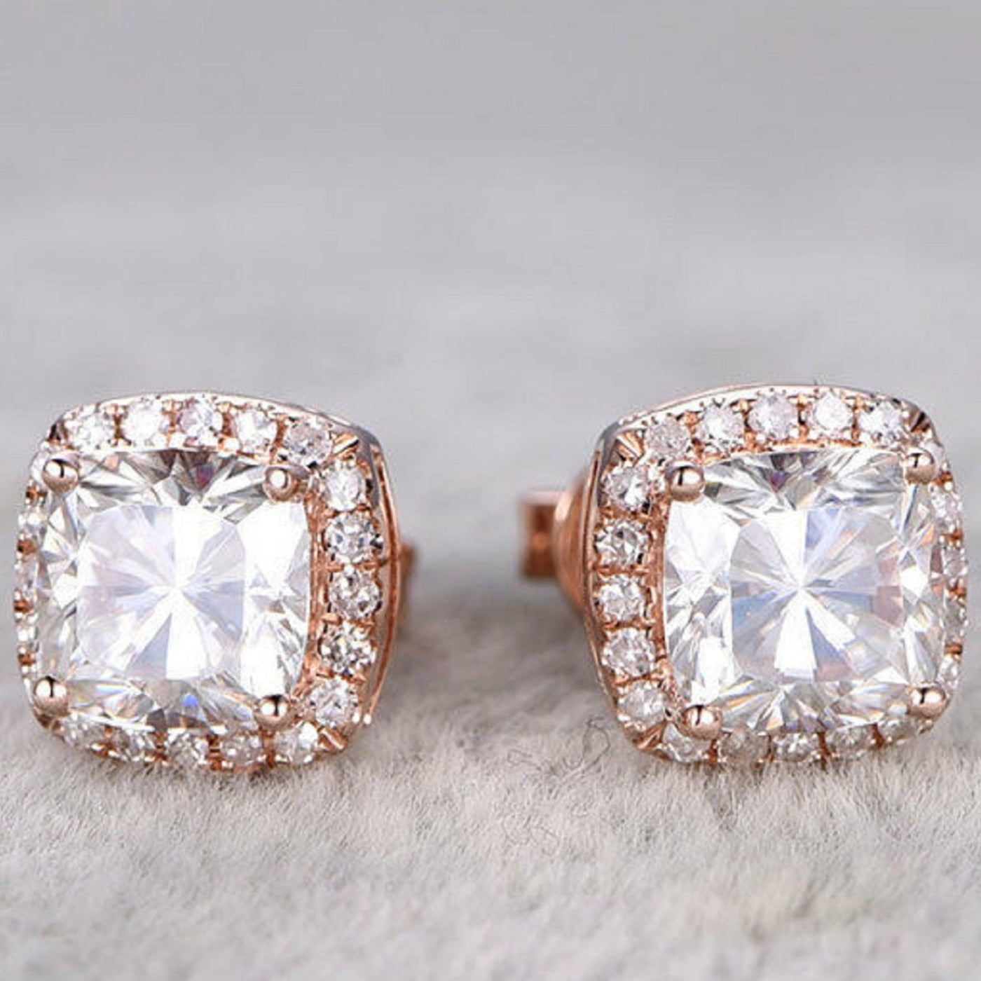 White Squarish Cushion Halo Stud Mother's Day Gift Push Back Earring In 14K Rose Gold