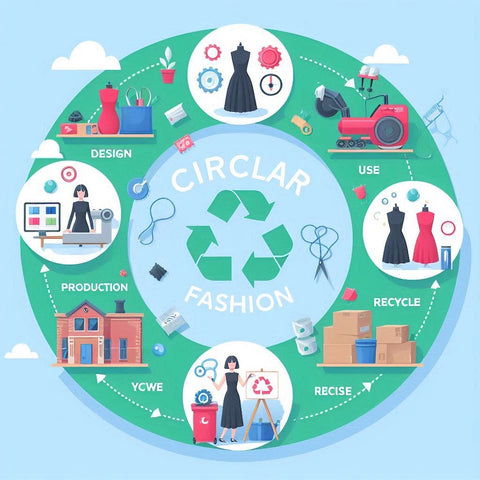 Infographic showing the circular fashion process of recycling and repurposing materials.