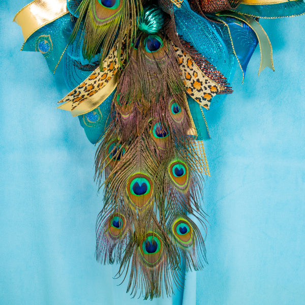Peacock wreath, peacock swag, lighted wreath, remote control, feathered figures, deluxe, everyday, year-round, blue peacock, 22x41in, W20723A