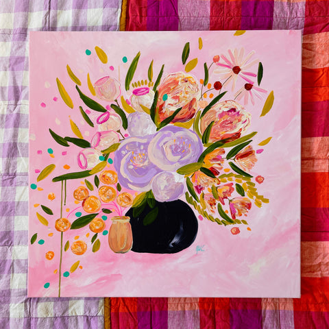 Sweet Caroline Original artwork still life bouquet in vases on pink background