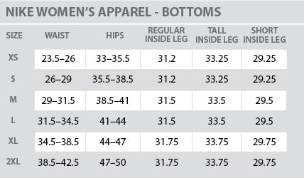 Nike - Size Chart - Women - Bottoms