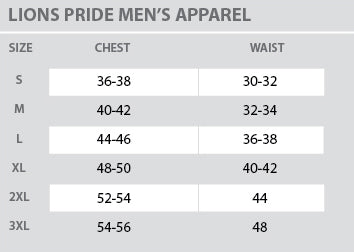 Size Chart - Lions Pride - Mens - All