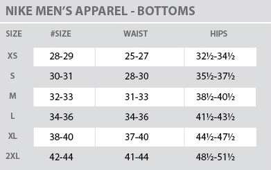 Size Chart - Nike - Mens - Bottoms