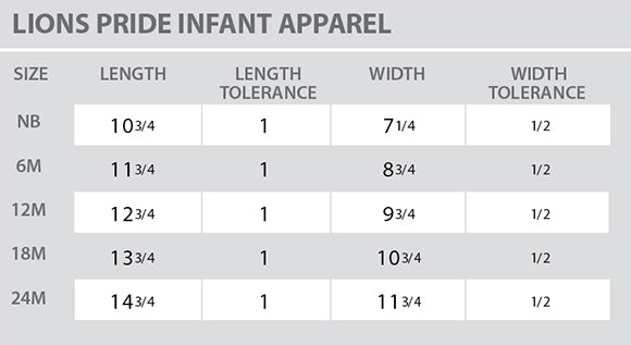 Size Chart - Lions Pride - Infant - All