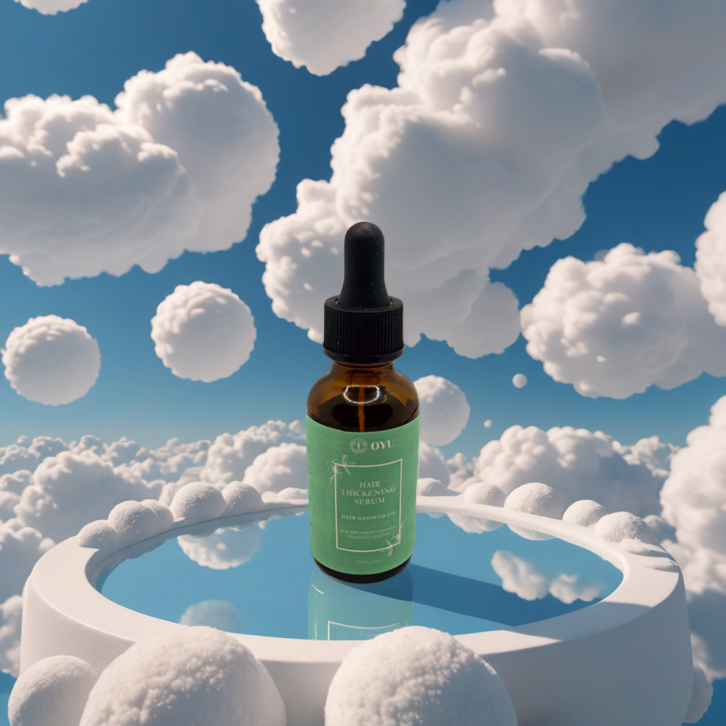 "OYU Cosmetics Muscle Soreness Relief Oil: A bottle of soothing oil against a background of soft, billowing clouds, promising relief from muscle soreness."