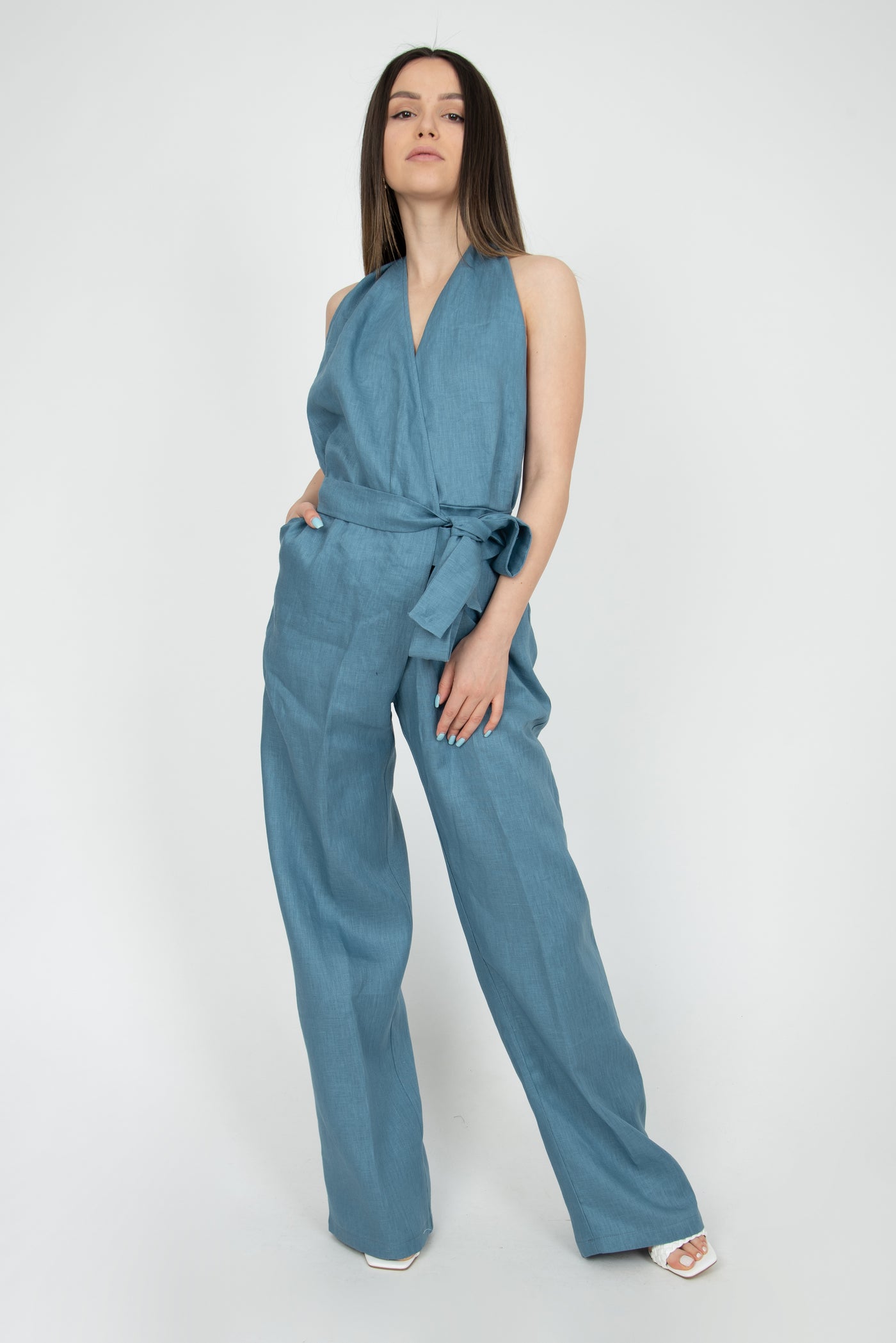 light blue linen jumpsuit