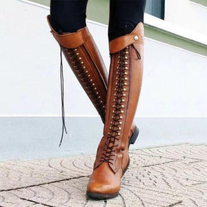Women Retro Knee High Boots Lace-Up PU Platform Riding Boots Female Zip Low Square Heel Plus Size Footwears Ladies