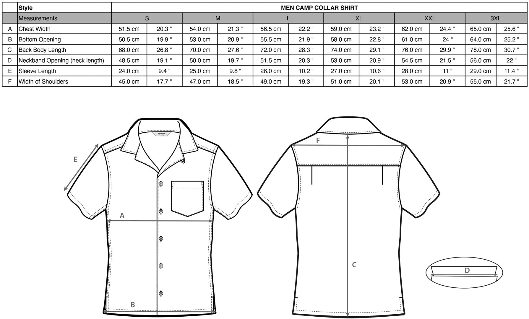 Men El Verano Camp Collar Shirt Size Chart