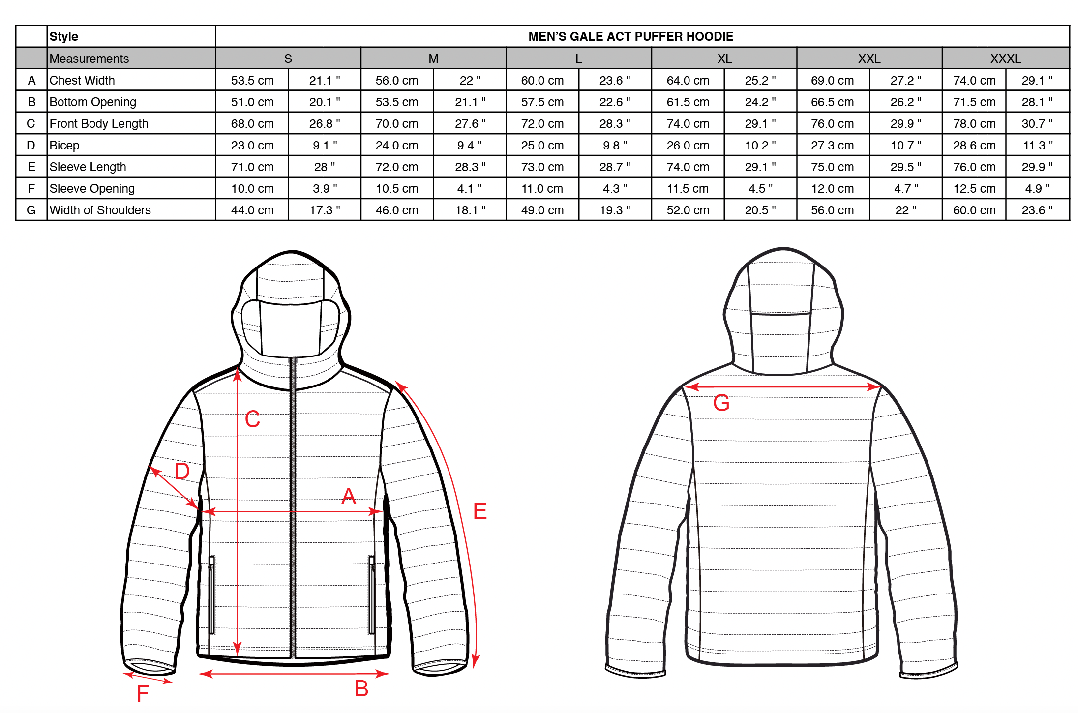 Size Chart Men's Gale ACT Hoodie