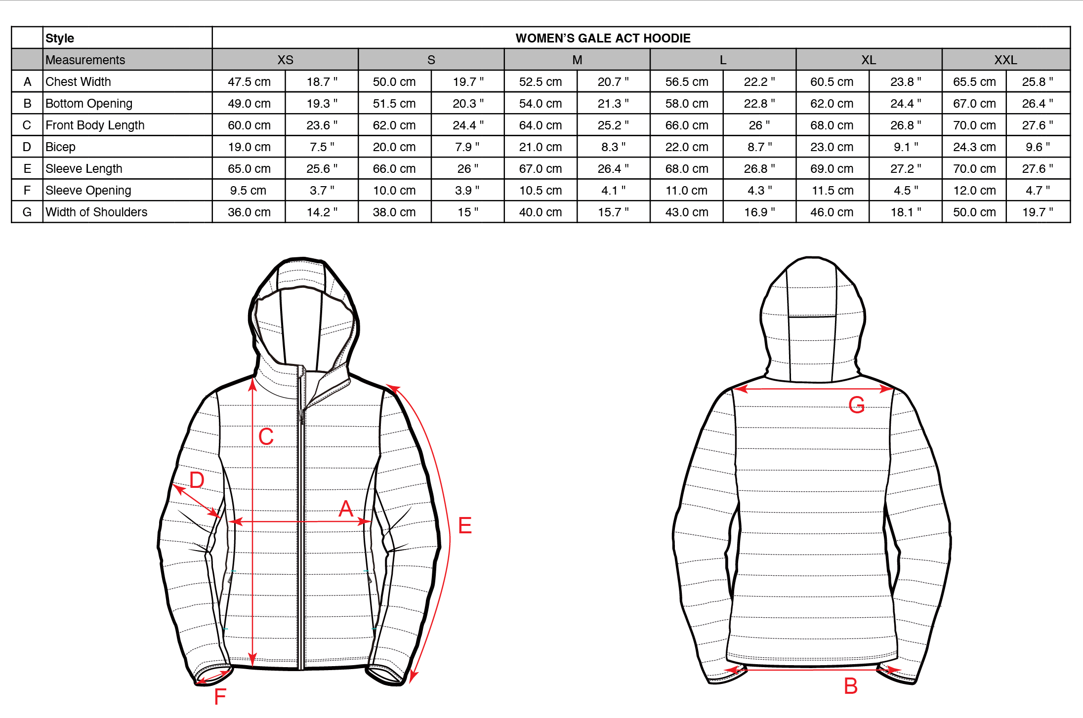 Size Chart Women's Gale ACT Hoodie