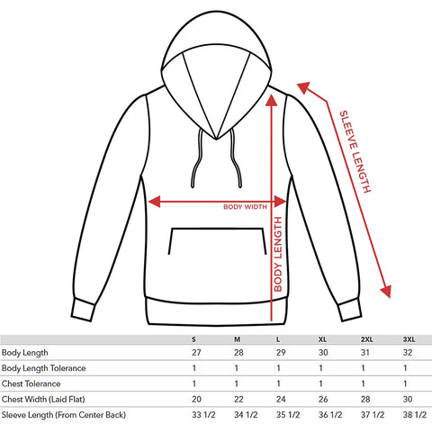 pullover hoodie size chart