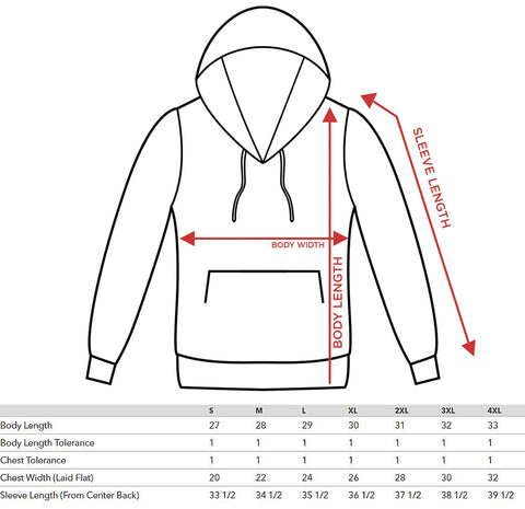 pullover hoodie size chart