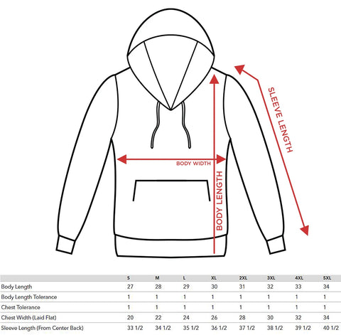 pullover hoodie size chart