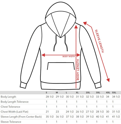 pullover hoodie size chart