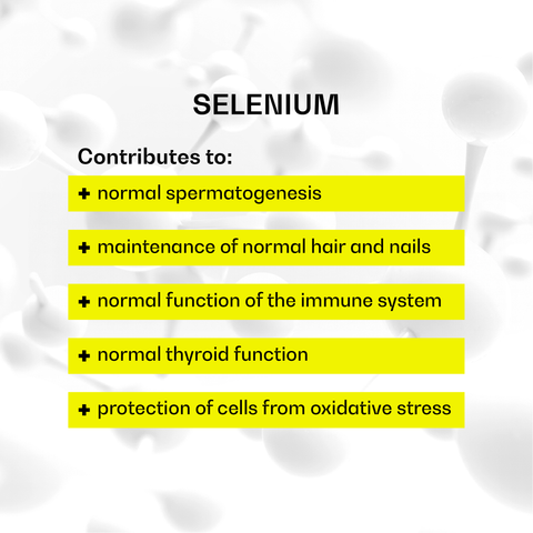 Selenium plays a critical role in fertility and important processes in our body, including our thyroid function. It also helps protect our body from damage caused by oxidative stress and helps the immune system work properly.